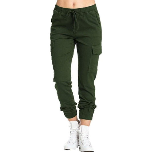 Green Ladies Cargo Pants Casual Elastic Waist Side Pocket Women ′ S Trousers