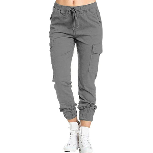 Grey Ladies Pants Cargo Pants Casual Elastic Waist String Side Pocket Women ′ S Trousers