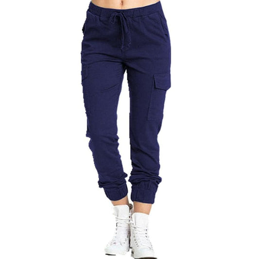 Blue Ladies Cargo Pants Casual Elastic Waist String Side Pocket Women ′ S Trousers