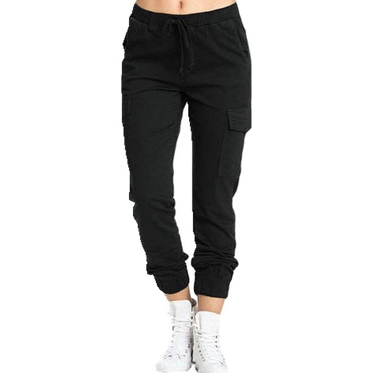 Black Ladies Cargo Pants Casual Elastic Waist String Side Pocket Women ′ S Trousers